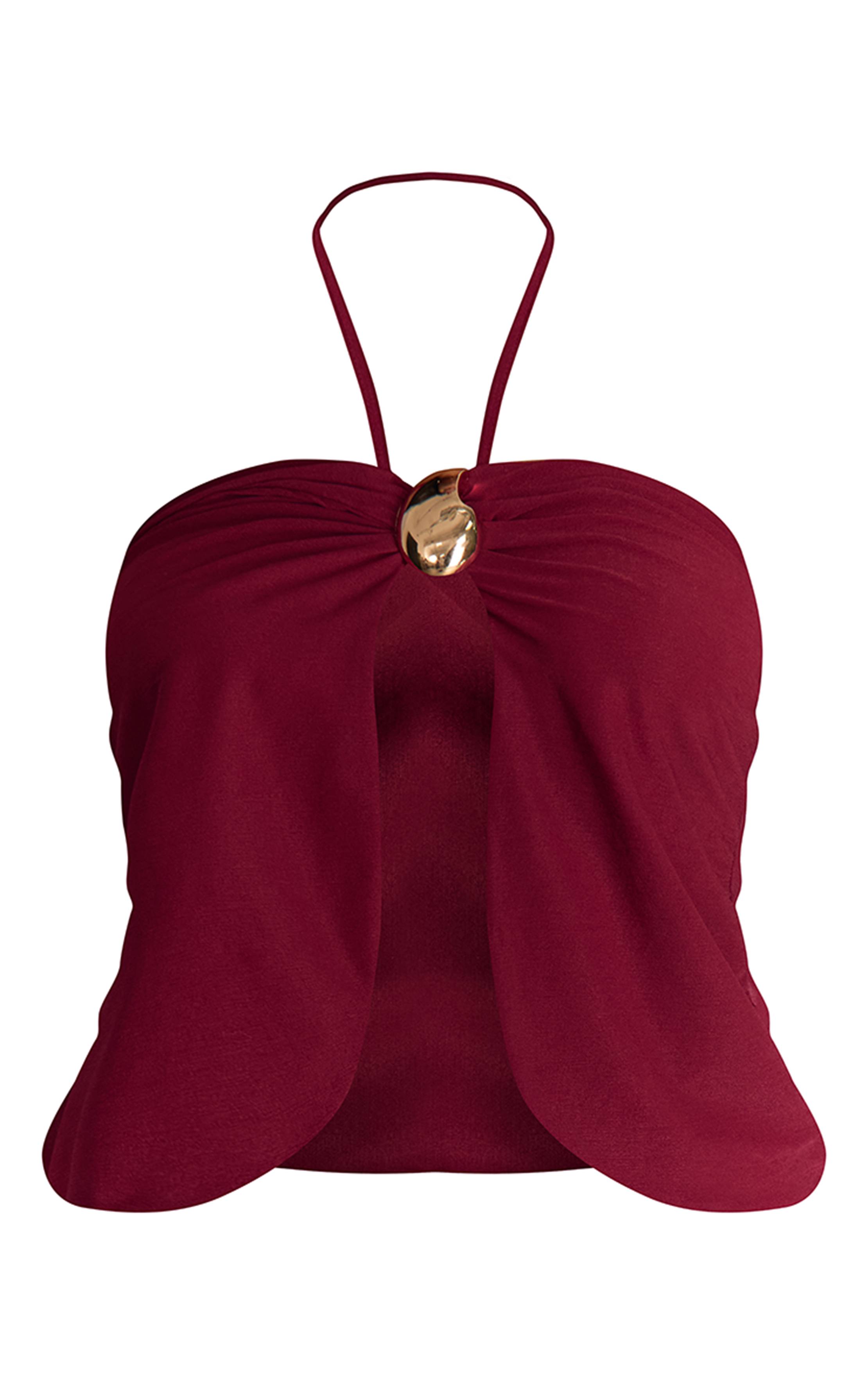 Rouge Bordeaux Haut Rouge Profond En Mousseline Col Licou Bordure Dorée