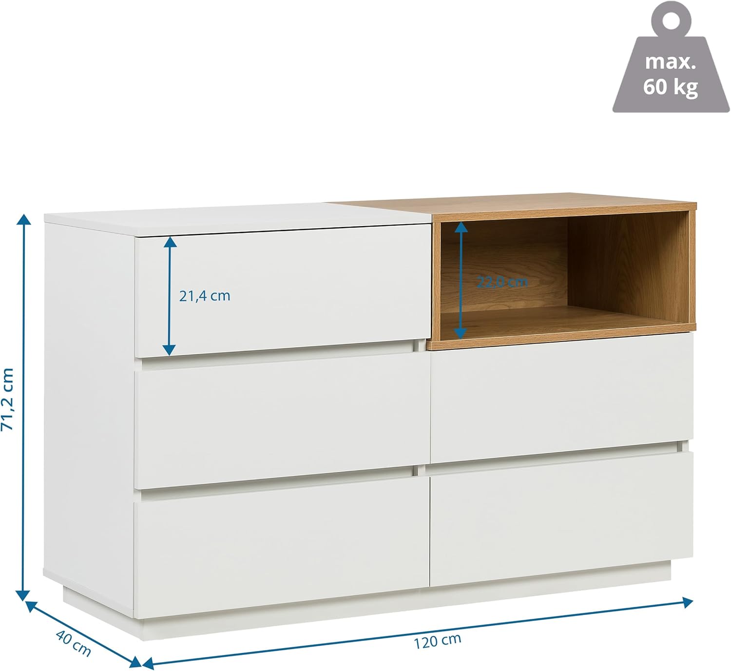 Sideboard mit 5 Schubladen 120x40x76 cm MELMO S Schubladenkommode im skandinavischen Stil, griffloses Design, Weiß/Eiche