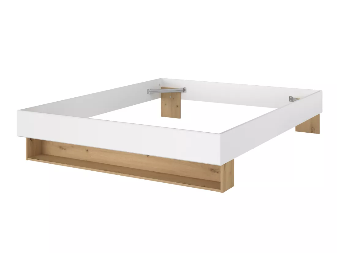 Lit avec chevets et rangements 160 x 200 cm - Coloris : Blanc et naturel + Sommier - MISTA