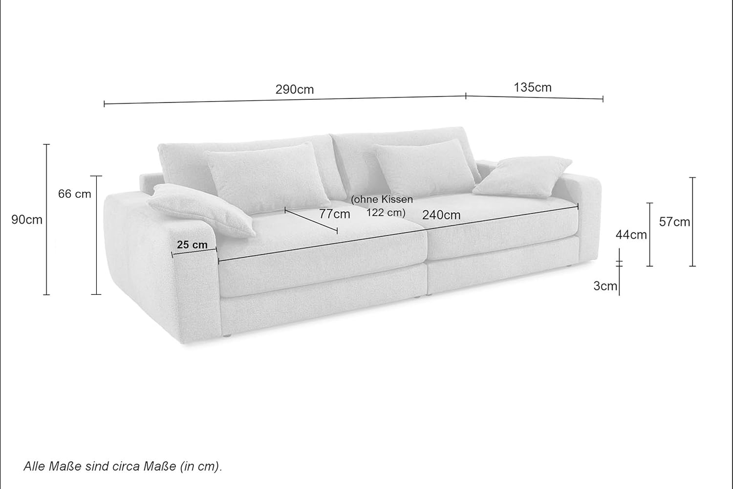 Großes Big-Sofa mit Bonellfederkern-Polsterung B290/T135/H90 cm, Lounge-Couch mit Rückenkissen und Zierkissen, weicher und robuster Trend-Bezug aus Cord in Beige Grau / 15251