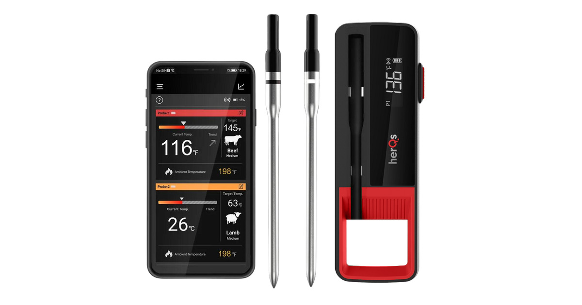 HerQsDouble Max vleesthermometer  (Zwart/rood, herQs009 | 2 draadloze probes | temperatuurbereik tot 500 °C)