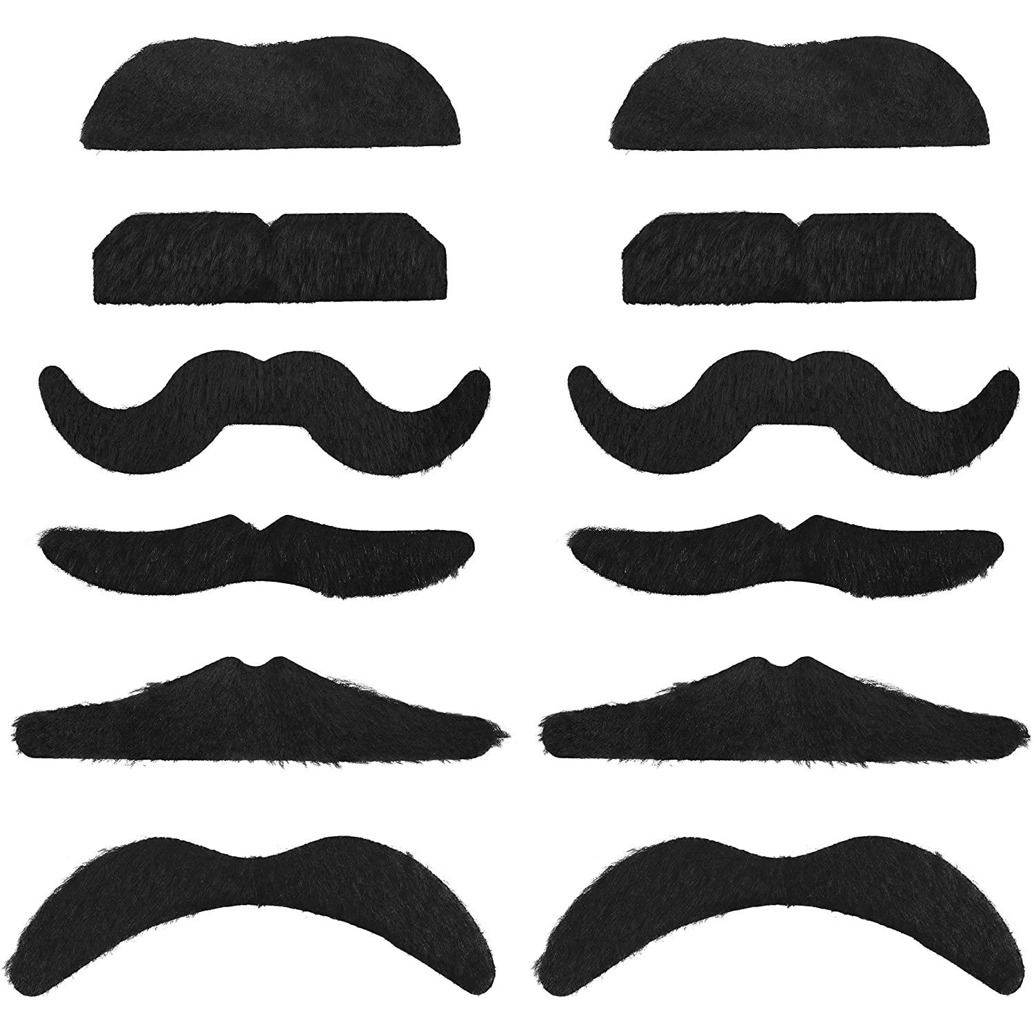 (12er Set) Kunst Schnurrbart Fasnachts Kostüm Zubehör Motto Party Accessoire Halloween Foto Requisite - Schwarz