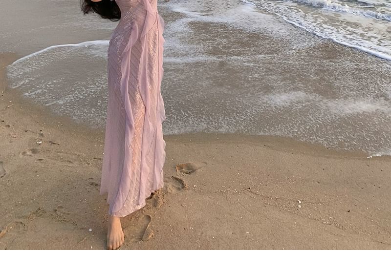 BOHEME - Mouwloze maxi-jurk met ronde hals en mesh
