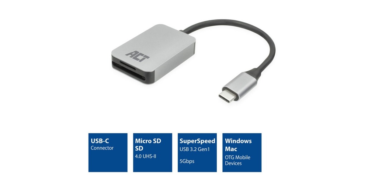 ACT ConnectivityUSB-C kaartlezer voor SD en micro SD, SD 4.0 UHS-II  (Aluminium)