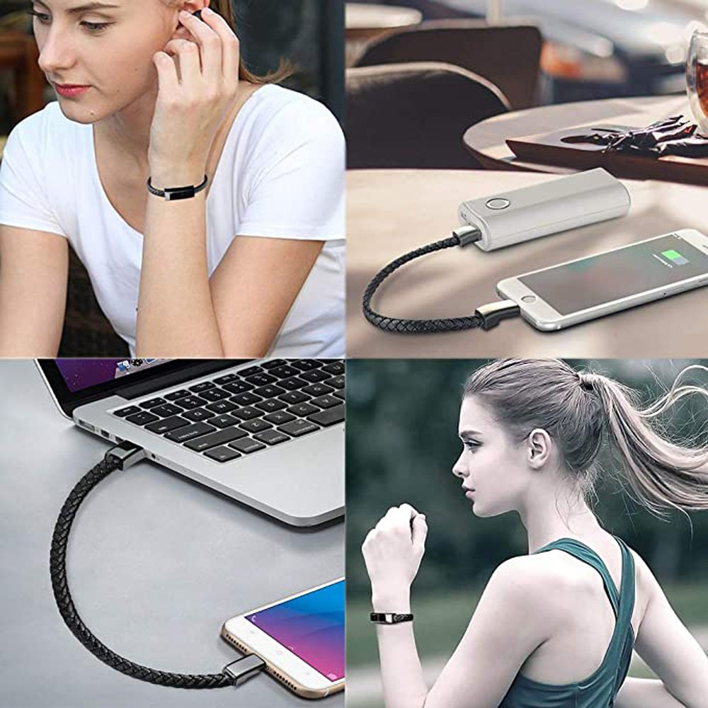 (18cm) 2.4A USB A auf Lightning Leder Ladekabel Armband Accessoire - Schwarz