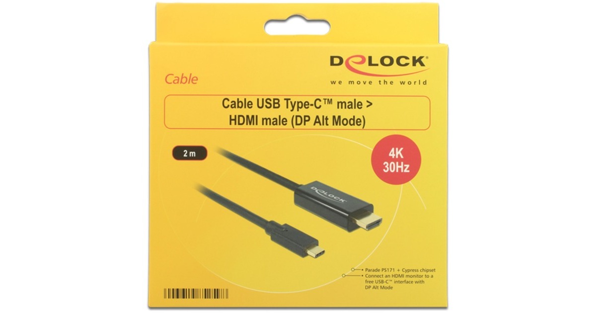 DeLOCKUSB-C (male) > HDMI (male) (DP Alt Mode) kabel  (Zwart, 2 meter, 4K 30 Hz)