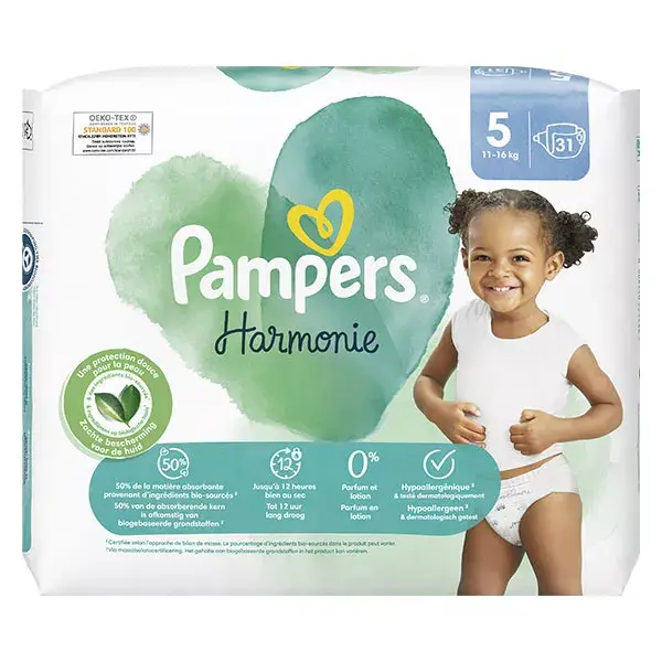 Fraldas Pampers Harmonie Tamanho 5, 31 unidades, 11kg - 16kg, Proteção suave para a pele