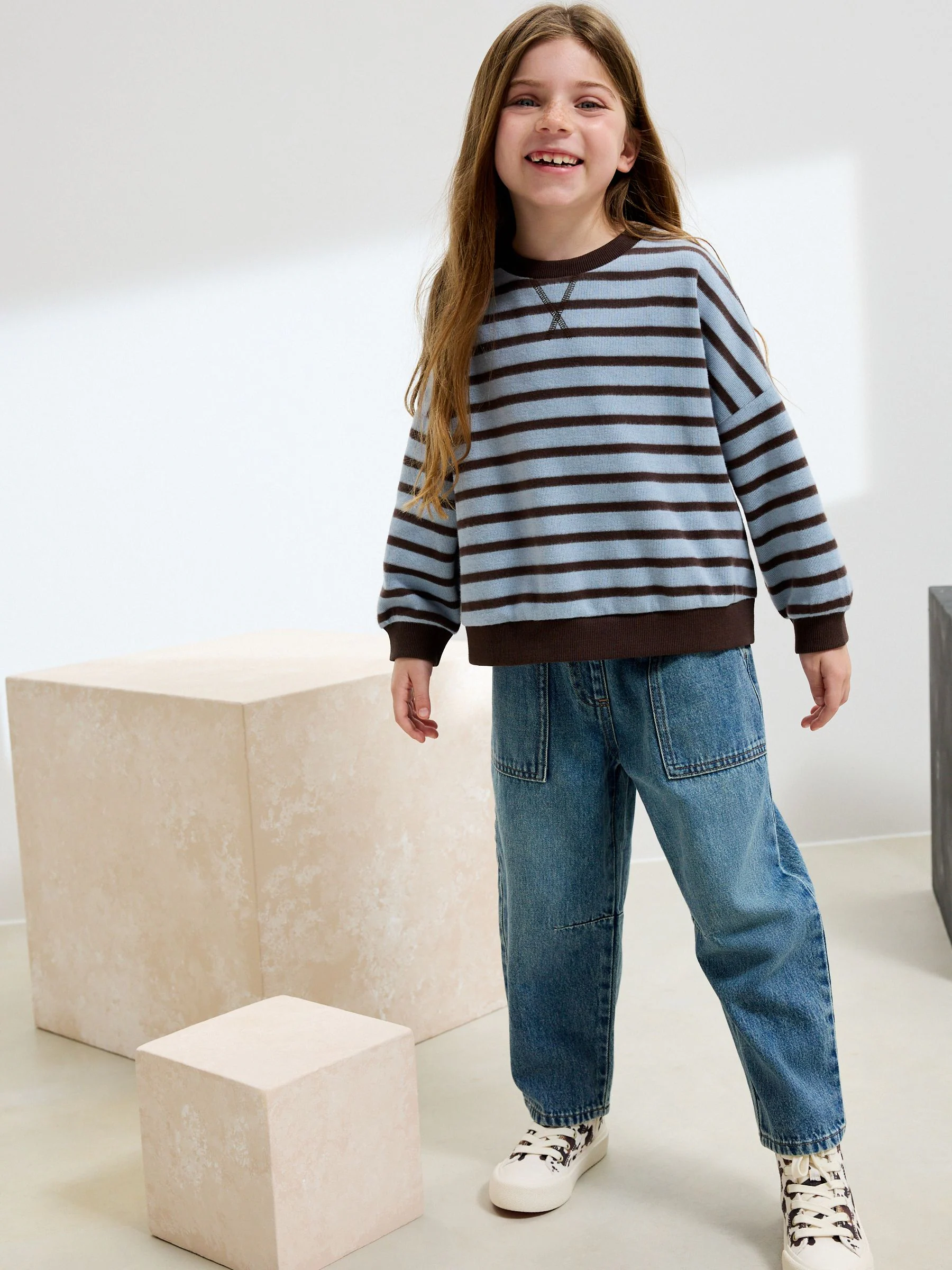 Blauw/bruin gestreept - Oversized behaaglijke ribbelsweatshirt (3 - 16 jr)
