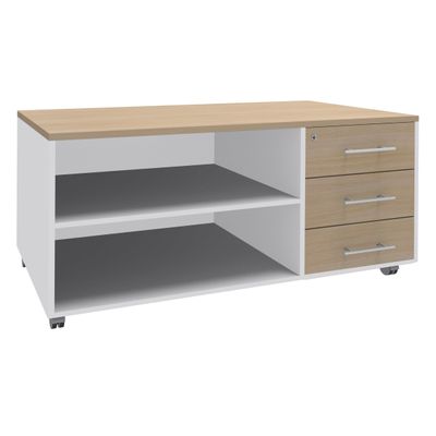 Console mobile EXPRIM/URBAN/LOFTER/LEVEL - L120 x H63 x P60 cm - 3 tiroirs - coté Blanc - finition façade et dessus imitation Chêne clair