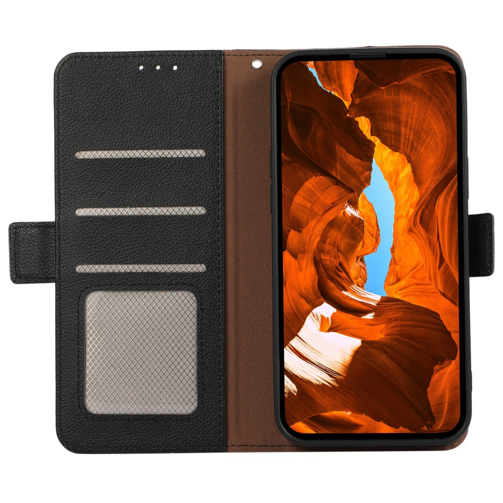 iPhone 13 Pro Leder Tasche Flip Cover Litchi Look (RFID Schutz) - Schwarz