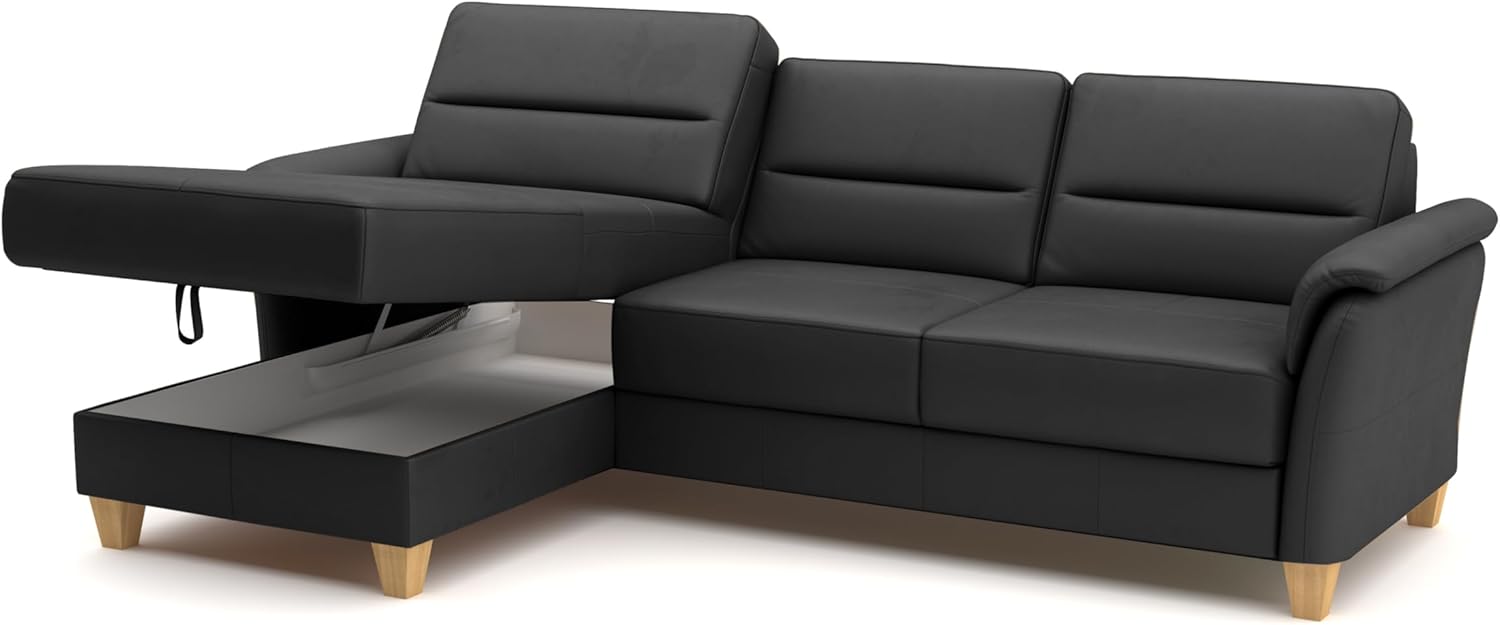 CAVADORE Leder-Eckcouch Palera mit Longchair / Landhaus-Sofa mit Federkern, Bettfunktion + Bettkasten / 244 x 89 x 163 / Leder Schwarz