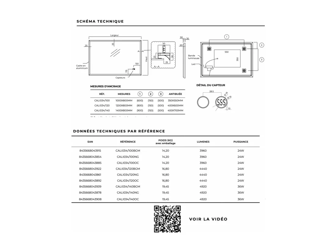 Miroir Salle de Bain CALIFORNIA - 120x80cm - Noir Mat - T° Led Variable - Tactiles On/Off & Anti-Buée - LEDIMEX
