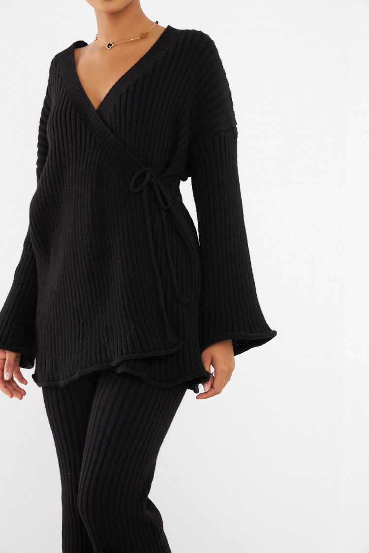 Ensemble 2 pièces gilet croisé + pantalon noir en maille
