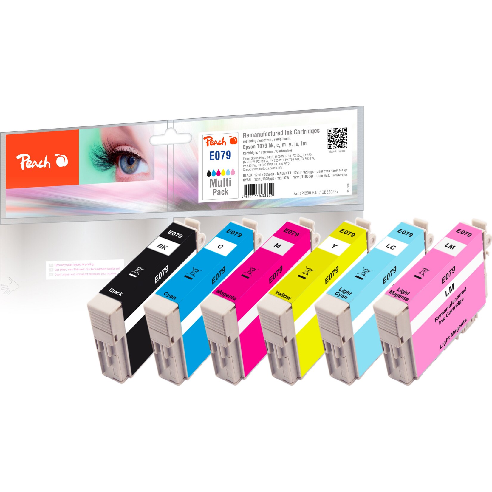 Peach E796 Druckerpatronen XL (bk, cy, cyph, ma, maph, ye) ersetzt Epson T079 für z.B. Epson Stylus Photo 1400, Epson Stylus Photo 1500 W (wiederaufbereitet)