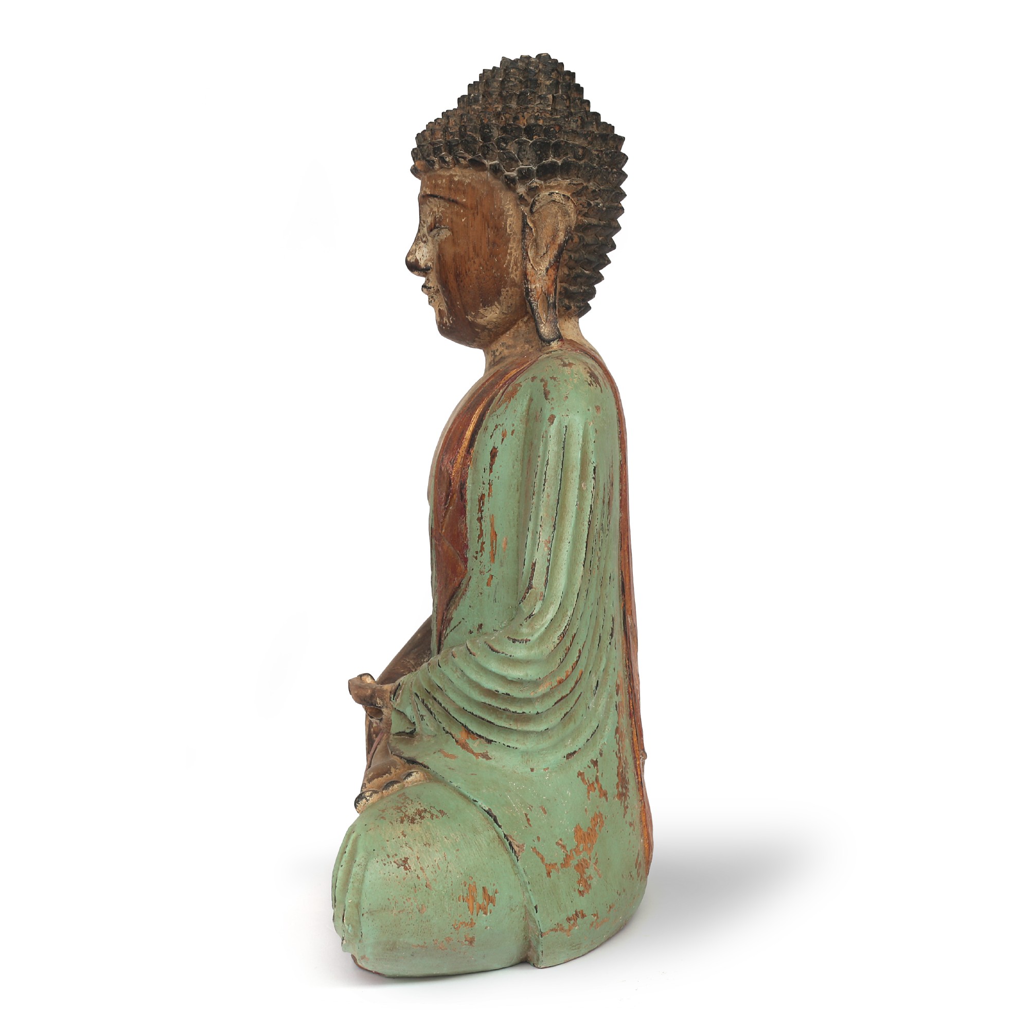 Holz-Skulptur 'Buddha sitzend', grün, gold, B 42 cm, H 52 cm, T 17 cm von fischer's lagerhaus