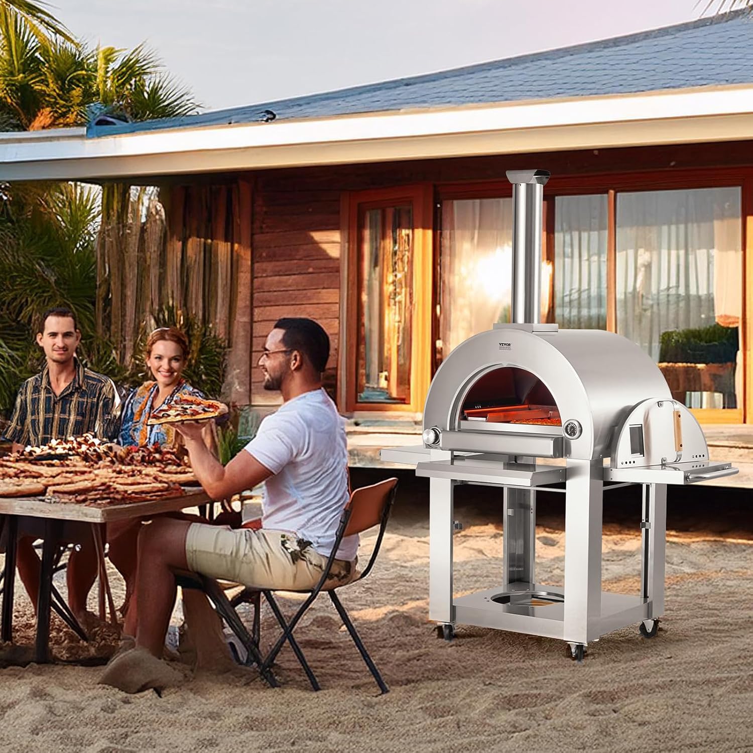 VEVOR Pizzaofen für den Außenbereich tragbarer 558mm Pizzamaker, pellet- und gasbetriebener Outdoor-Pizzaofen mit verdicktem Cordierit-Pizzastein, für Camping und Garten