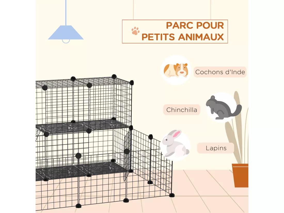 Cage parc enclos rongeurs modulable dim. L 105 x l 105 x H 70 cm 2 niveaux 2 portes rampe résine PP fil métallique noir