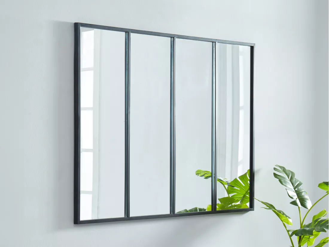 Miroir fenêtre atelier style industriel en métal - L. 120 x H. 90 cm - Noir - DUDLEY