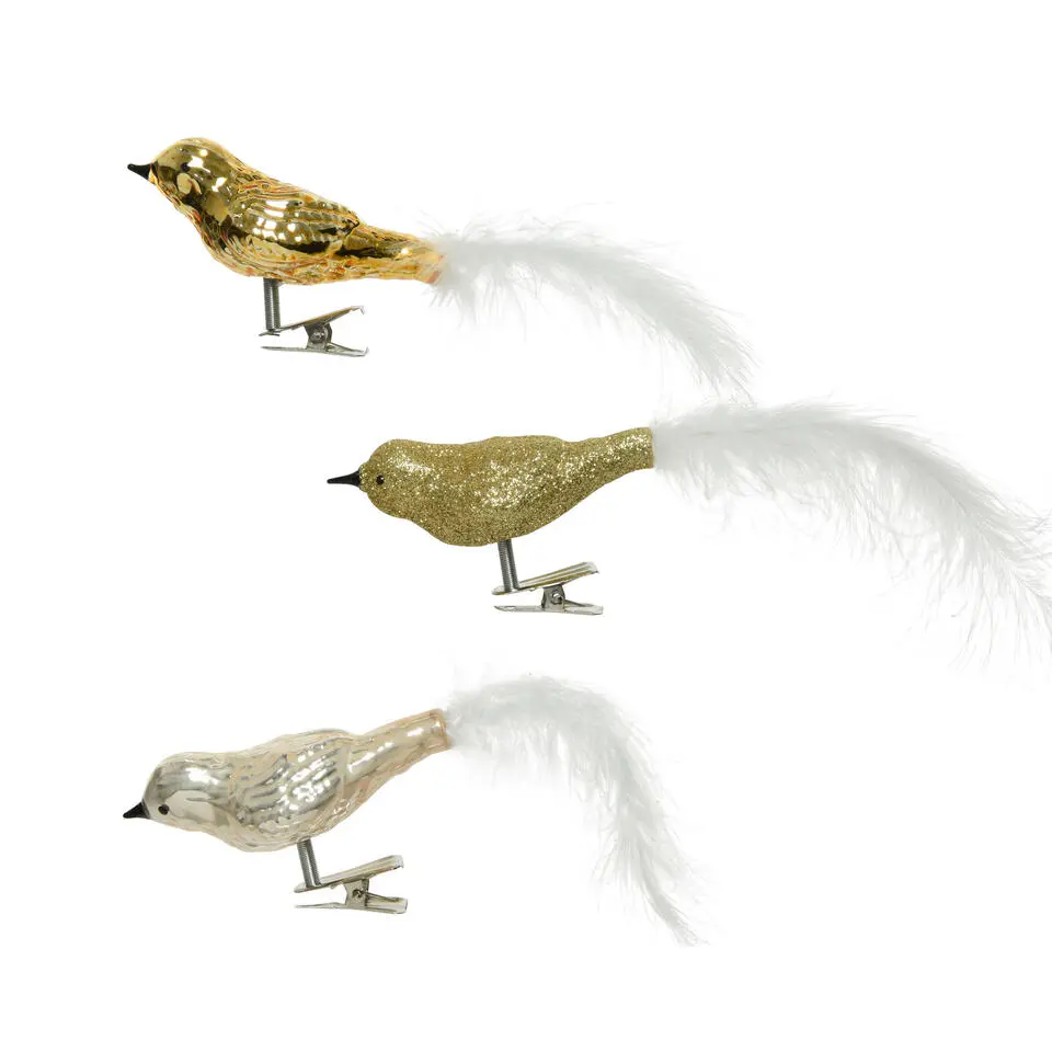 Decoris Decoratie vogels - 3x st - op clip - goud - 8 cm - glas