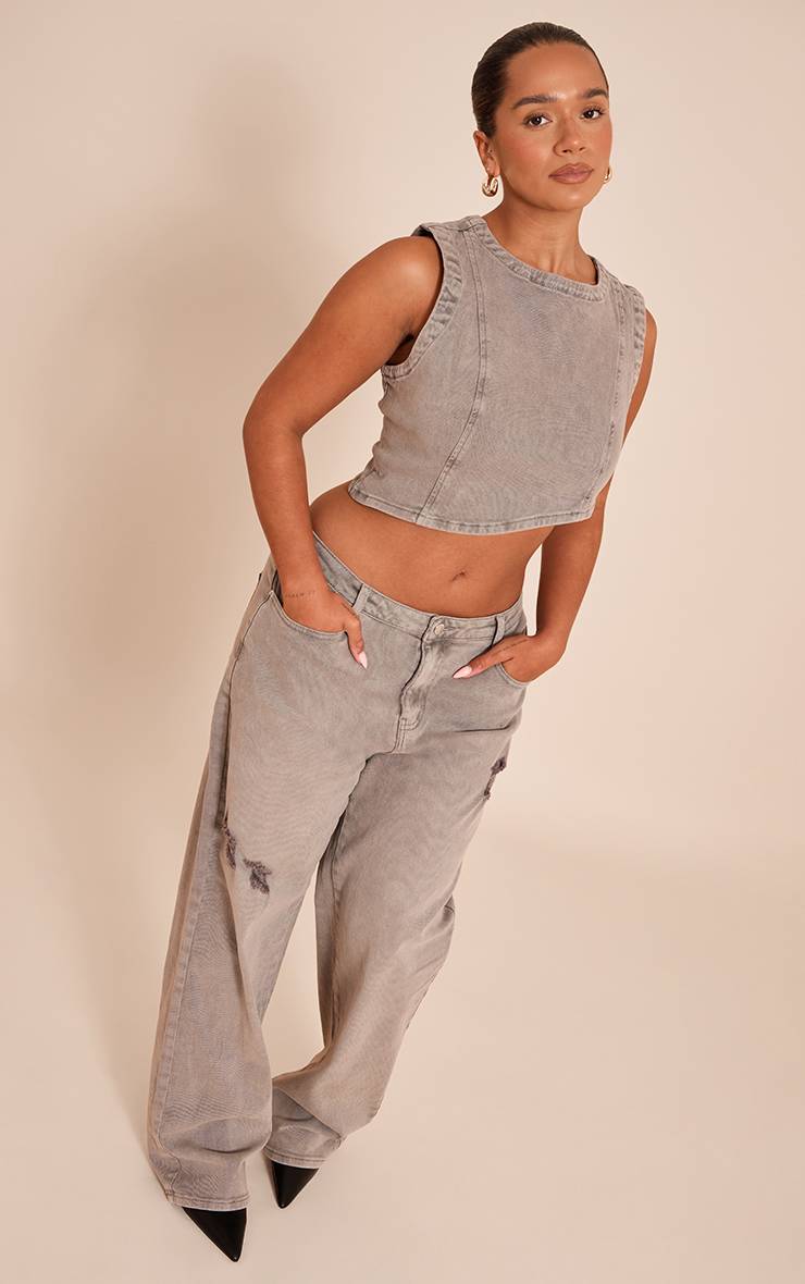 Champignon Top Court Asymétrique En Denim Extensible Délavé Shape