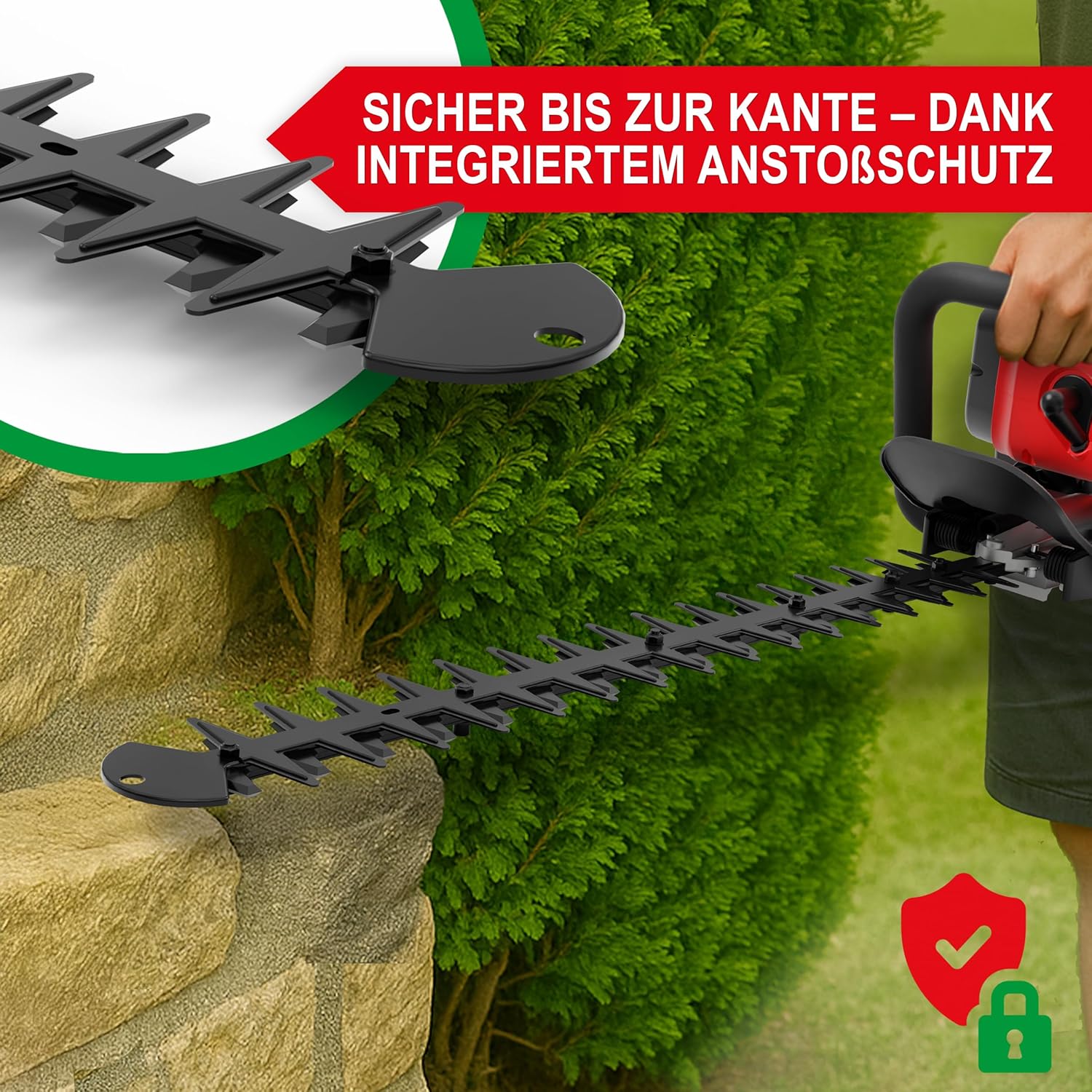 Benzin-Heckenschere mit Drehgriff und Anstoßschutz – 680 mm Schwertlänge, 620 mm Schnittlänge – 1,02 PS – leistungsstark, ergonomisch, präzise und sicher für exakte Heckenpflege