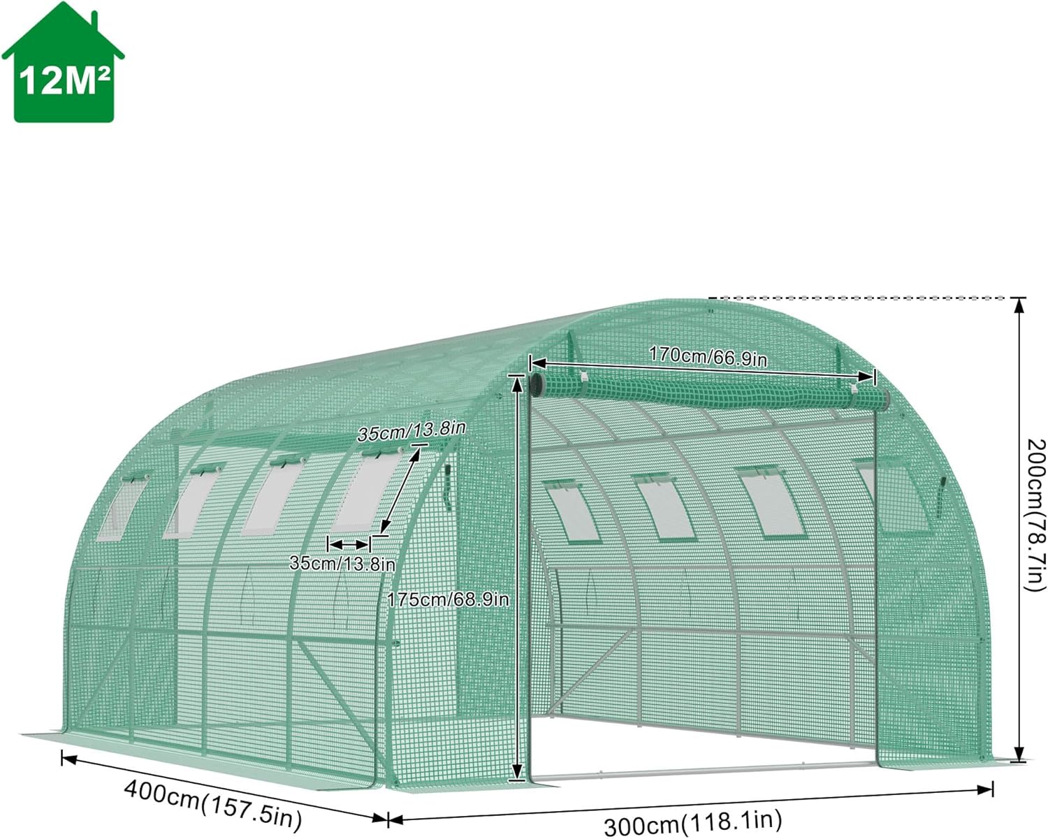 Gewächshaus 3x4 m (12 m²) – Garten Foliengewächshaus mit 8 Fenstern, UV-beständig, verzinkter Stahlrahmen, Moskitonetz, ideal für Gemüse, Tomaten, Blumen, Tomatenhaus, grün