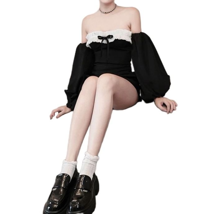 HERMITAKH - Romper met lange mouwen, off-shoulder, tweekleurige strikaccent, ruche rand en wijde pijpen