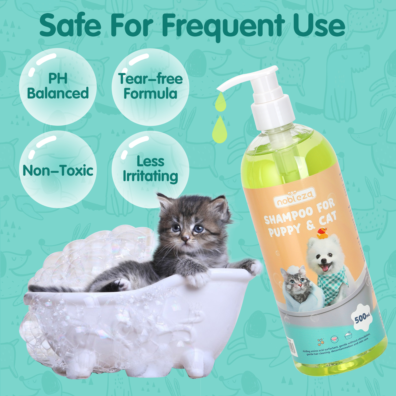 Shampoo Nobleza Muito Suave à Base de Água para Cães e Gatos, Especial para Filhotes, Shampoo para Cães com Pele Sensível com Fragrância Natural de Coco, Sem Ardência e Sem Álcool, Silicone, SLS, Parabenos (500ml)