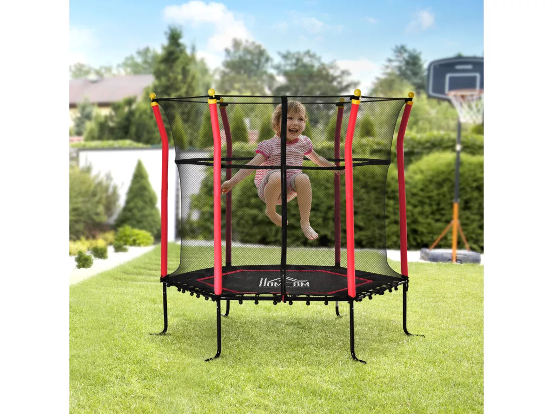 Trampoline enfant Ø 1,60 × 1,63H m filet de sécurité porte zipée couvre-ressorts 6 poteaux rembourrés inclus rouge