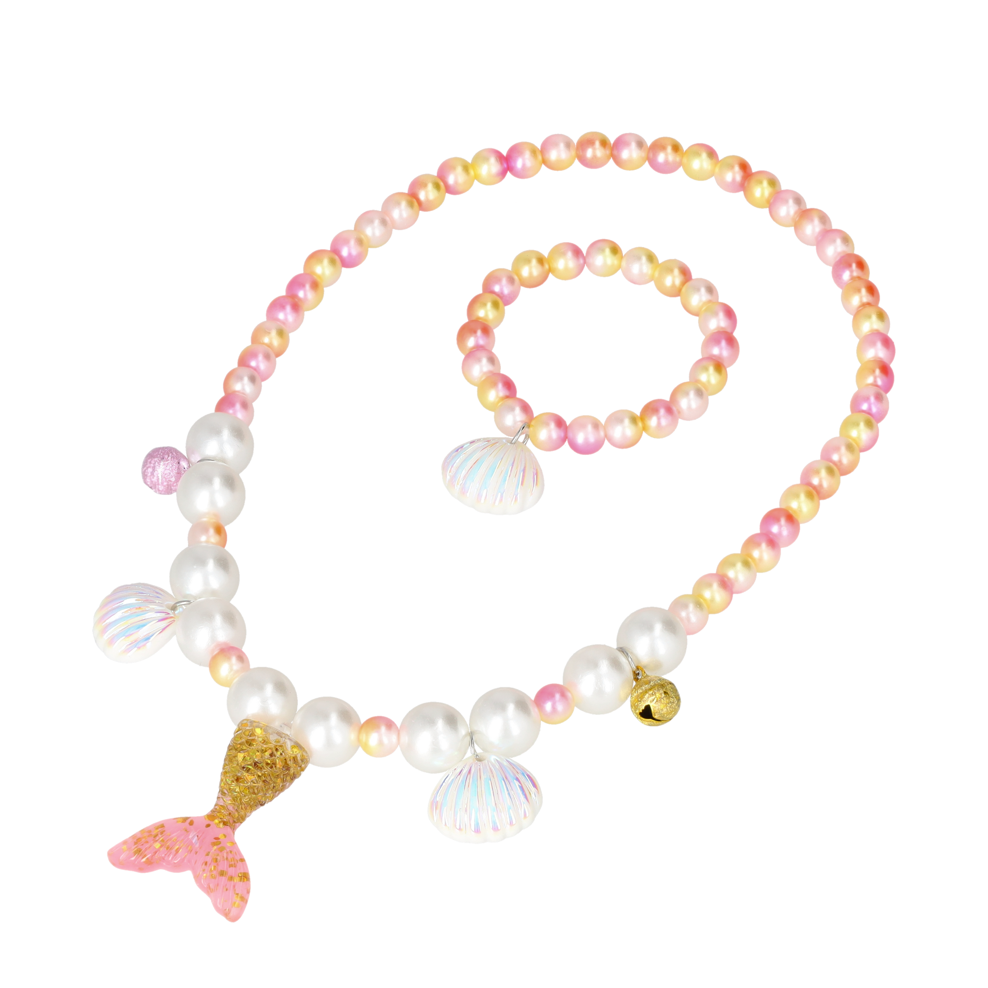 (2-tlg. Set) Kinder Perlen Armband Schmuck Muschel Halskette im Meerjungfrau Design - Gelb / Orange / Pink
