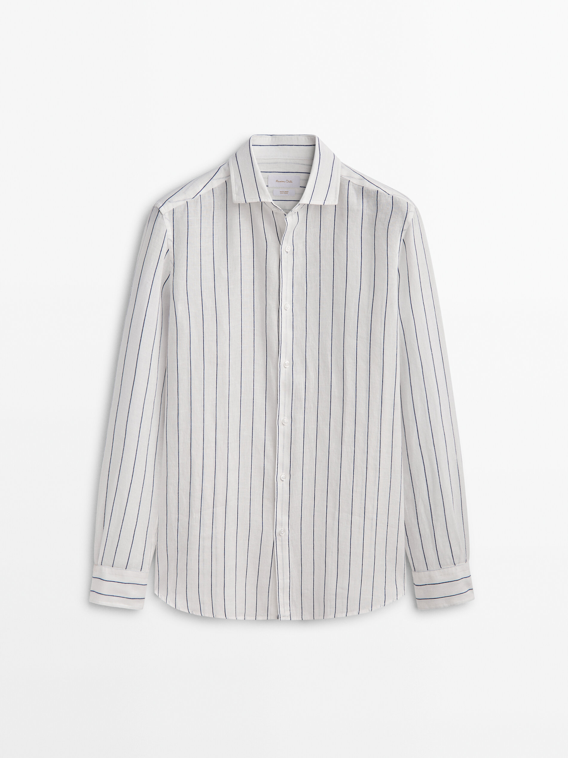 Camisa listrada, em mistura de linho e algodão, modelagem regular - AZUL ESCURO