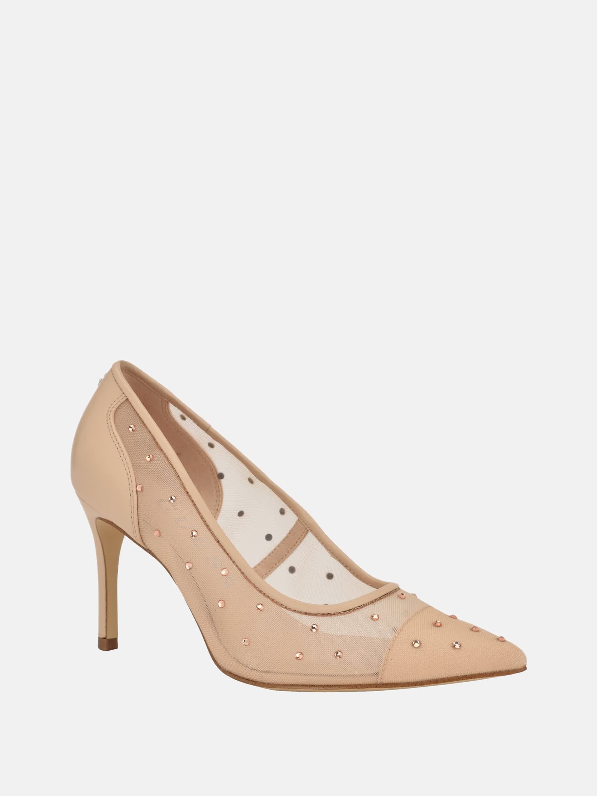 Sapatos de salto alto com detalhes em strass e tela