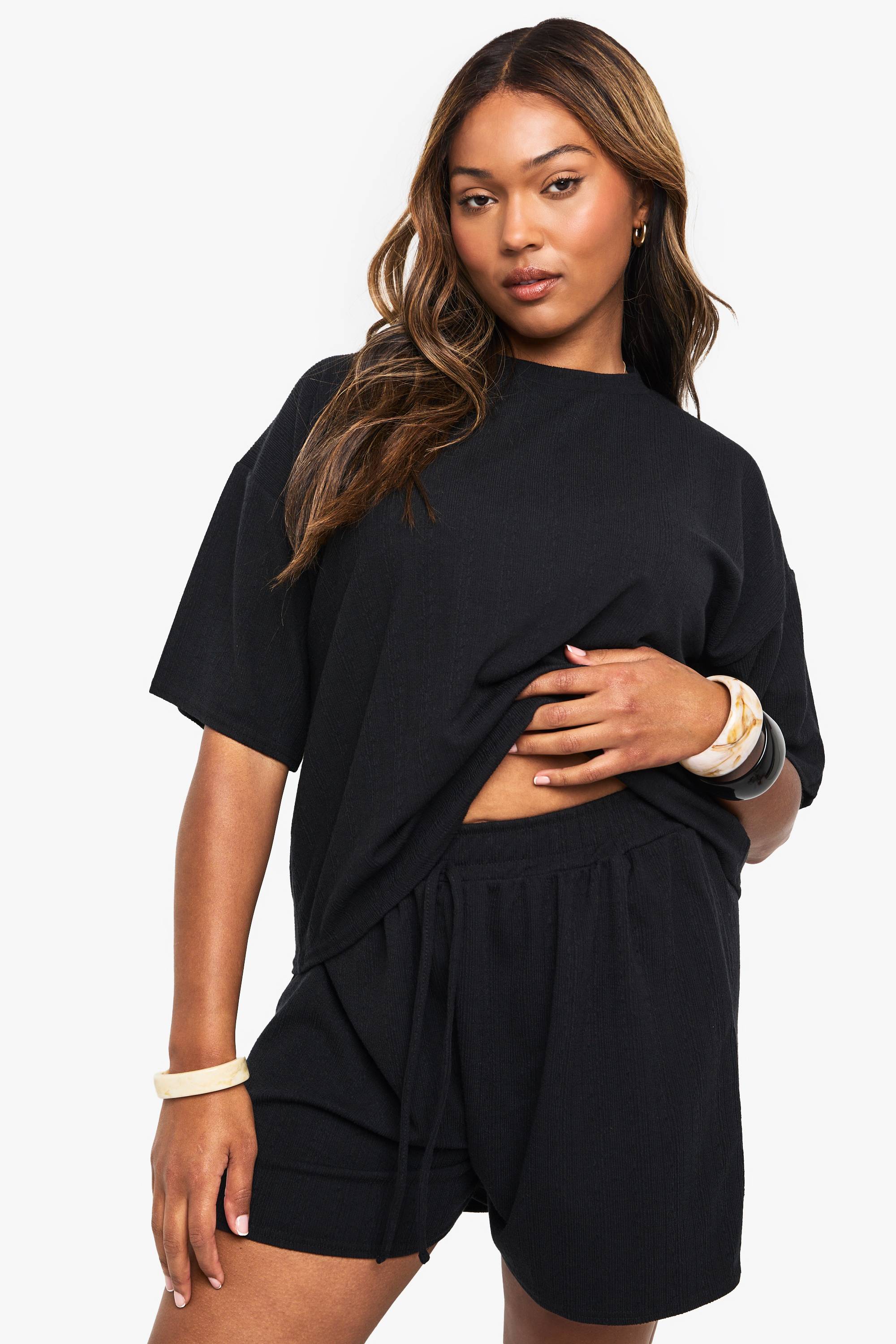 boohoo Ensemble coordonné T-shirt à côtes texturées Plus & short