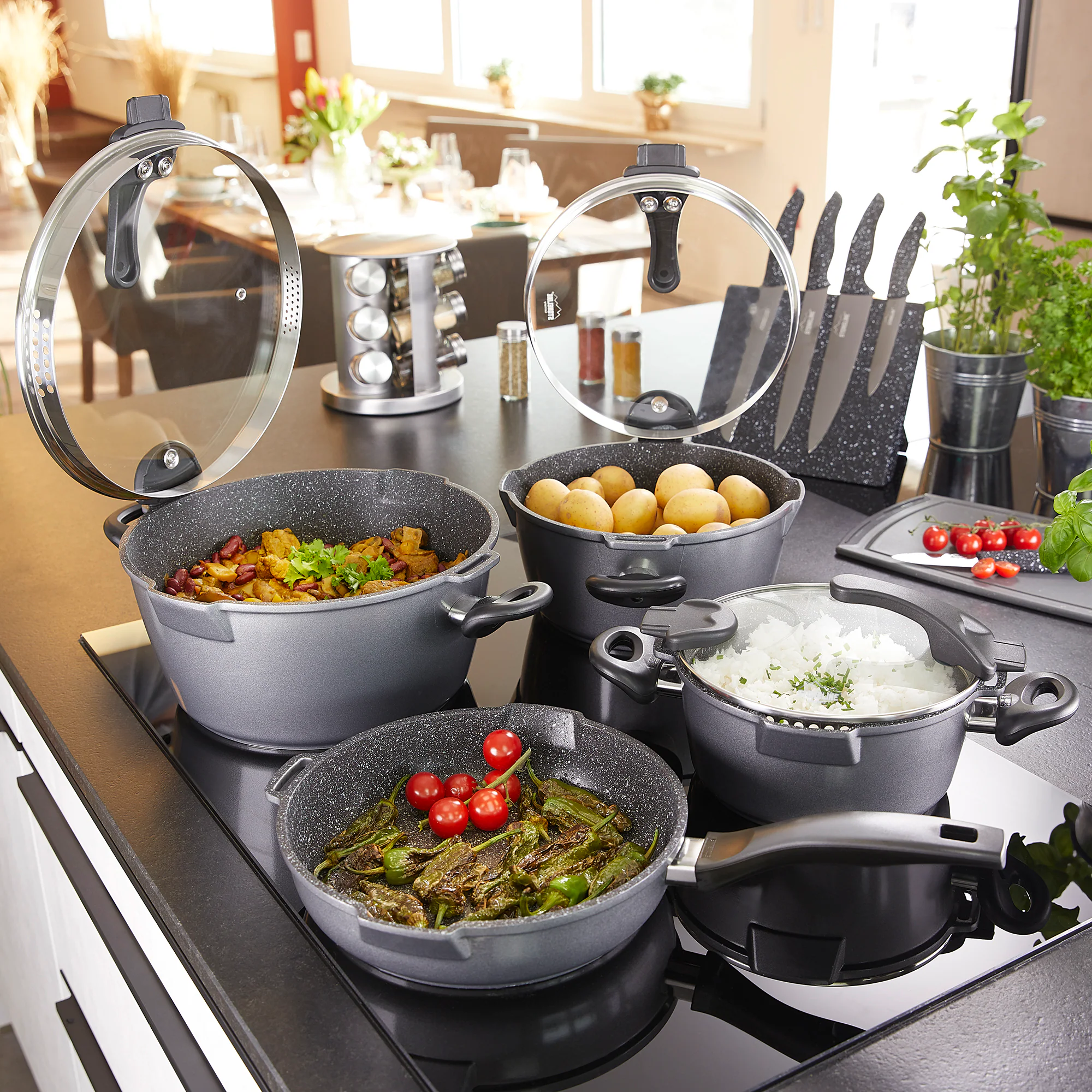 STONELINE® Future Topfset 8 teilig mit Sieb Deckeln, beschichtete Töpfe & Pfannen Induktion geeignet