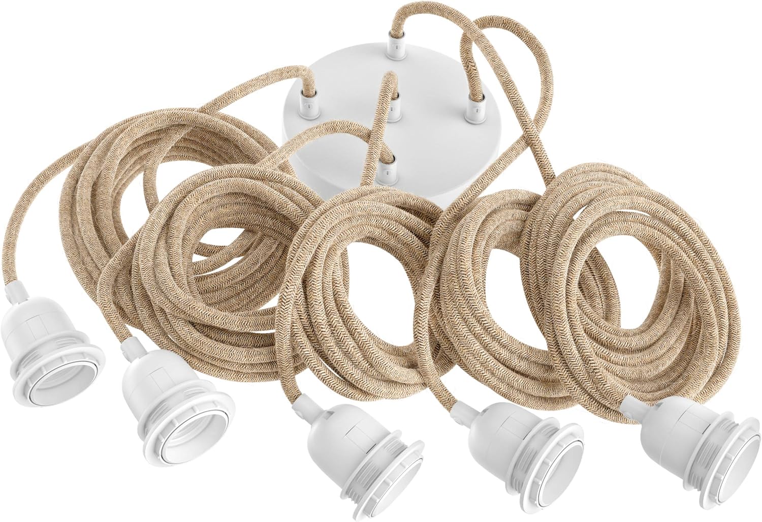 Hoopzi - Pendelleuchte 5 Flamming - 3,5m Textilkabel Seil und Weiß - 5 X E27 Fassung - Vintage, Industrial Für Esstisch, Wohnzimmer, Esszimmer, Zimmer, Schlafzimmer, Küche