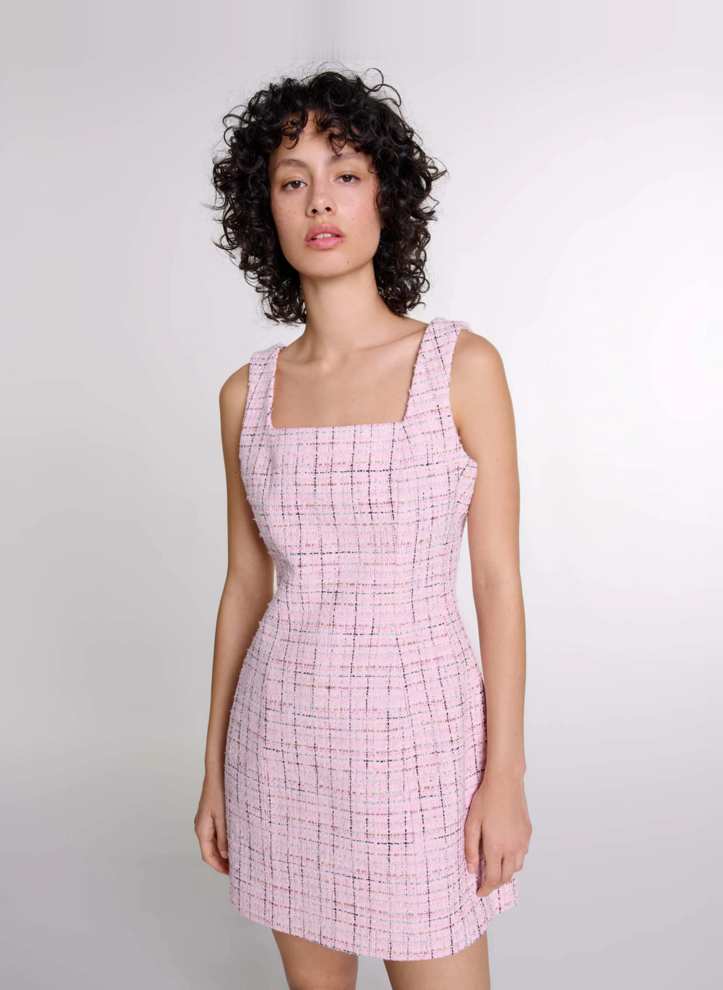 Robe courte droite col carré en tweed | Rose