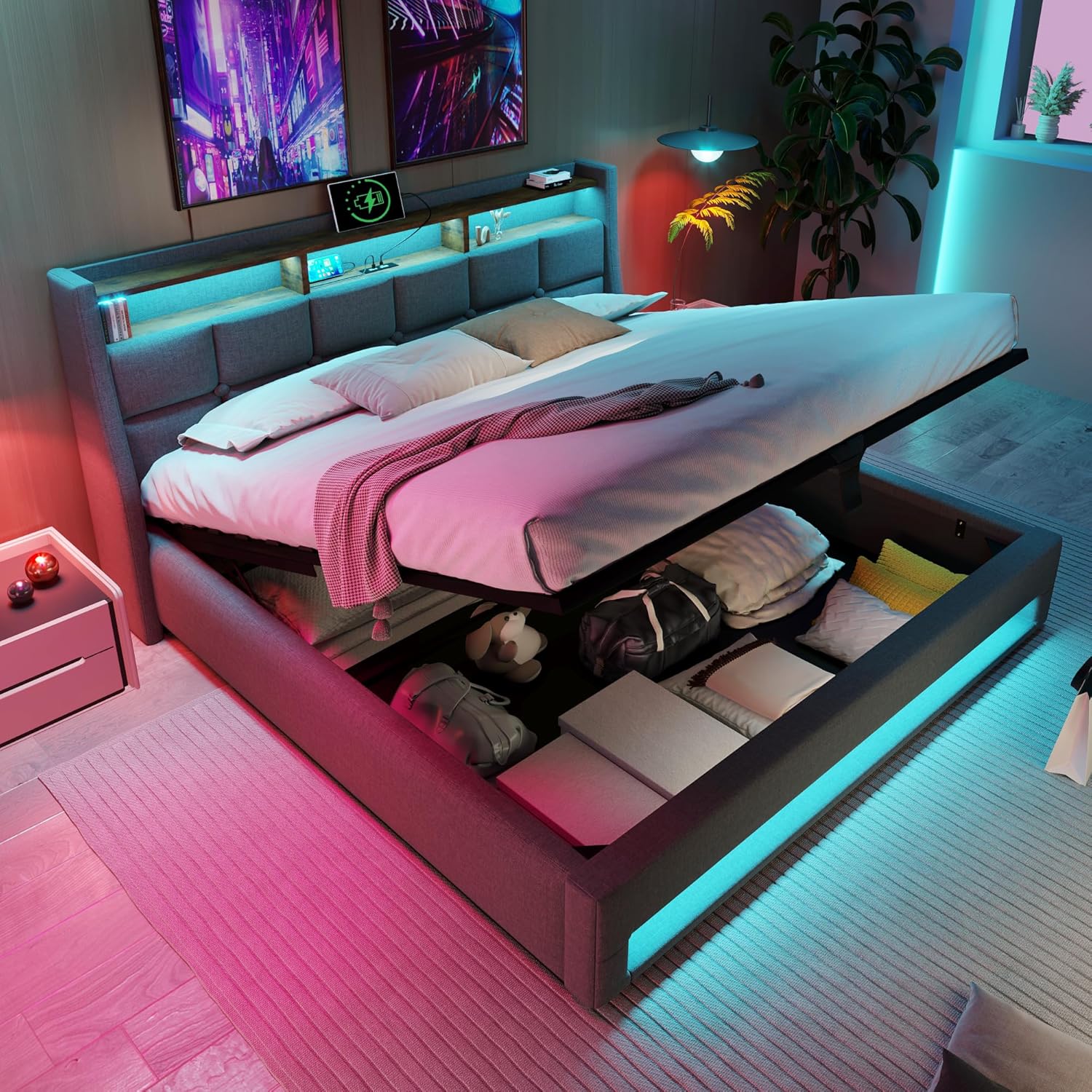 Boxspringbett mit Stauraum, Polsterbet 180x200 Doppelbett mit LED und 2 USB-Anschluss, Hydraulisch Stauraumbett Rückenlehne Bettgestell, Lattenrost aus Holz ohne Matratze, Grau