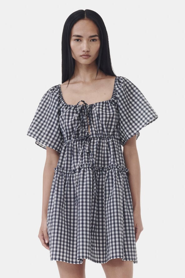 Ganni Seersucker Check Mini Layer Dress Egret