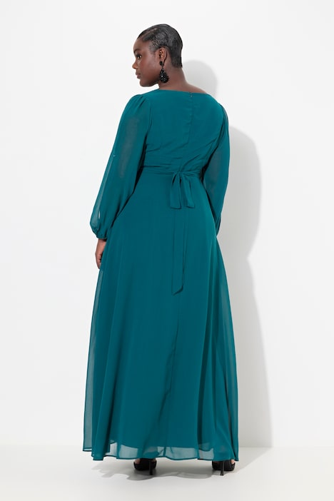 Abendkleid, V-Ausschnitt, bestickter Gürtel, Langarm