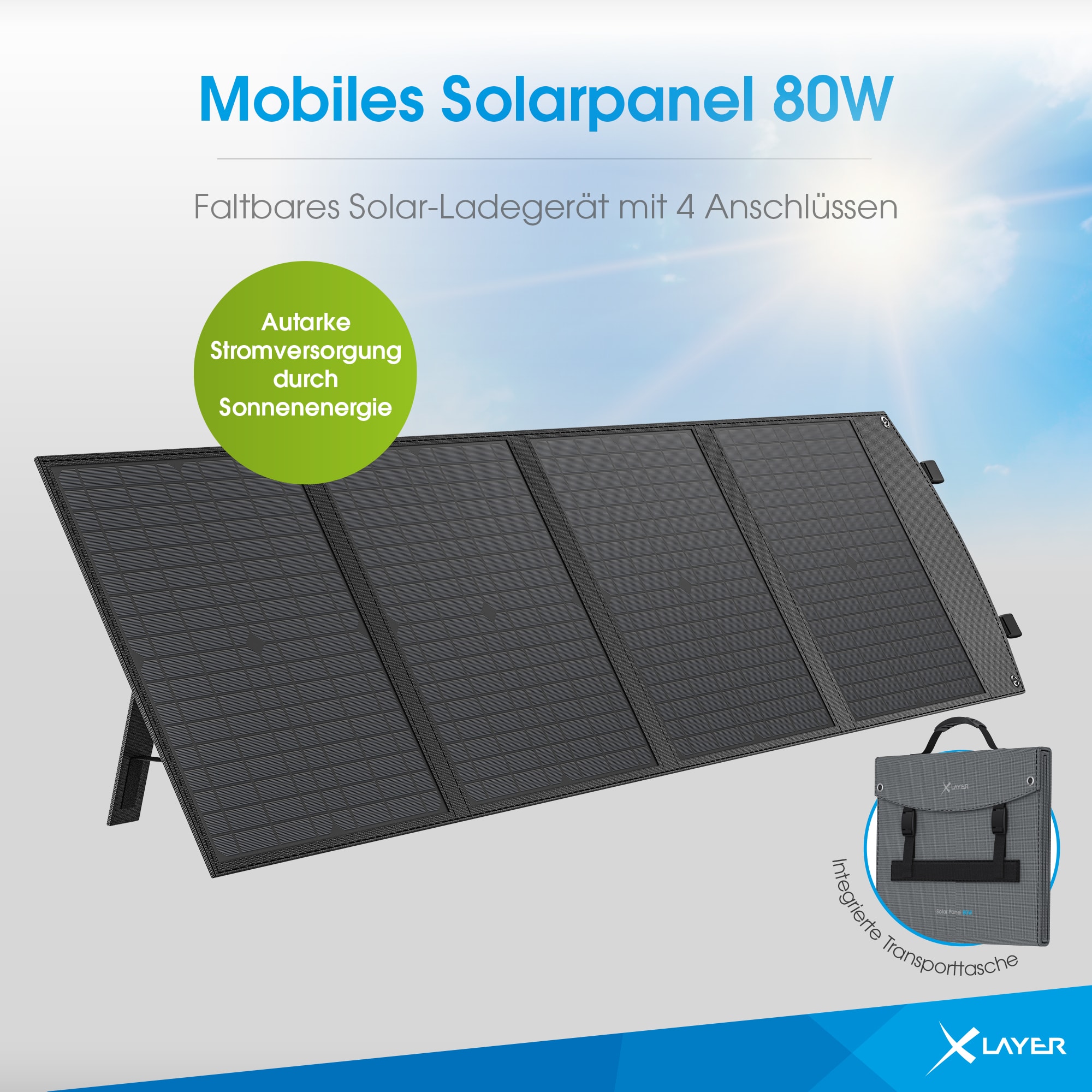Xlayer Solarpanel faltbar I 80W Itragbar I Solaranlage I Camping I Notstrom
