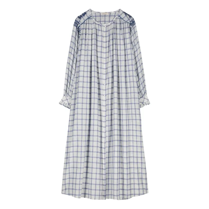 Louise Misha Robe Deepali Carreaux Coton Bio et Lin - Collection Femme | Bleu