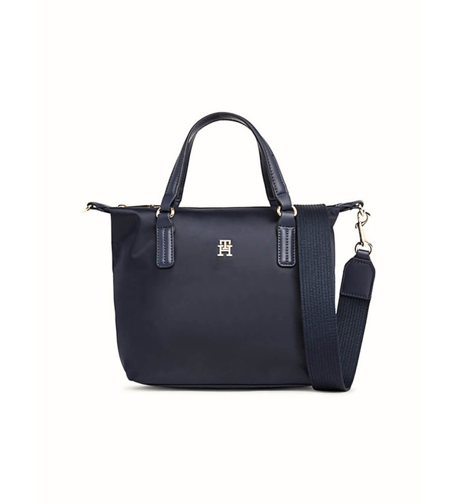 Bolsa pequena Tommy Hilfiger com emblema TH, cor azul marinho.