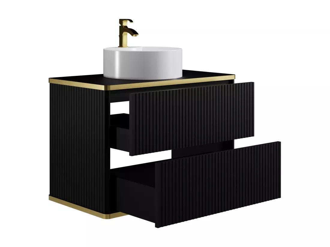 Meuble de salle de bain suspendu strié liseré doré avec vasque à poser ronde - Noir - 80 cm - KELIZA