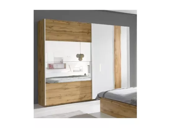 Armoire Wood 2 portes coulissantes avec miroir, coloris chêne et blanc