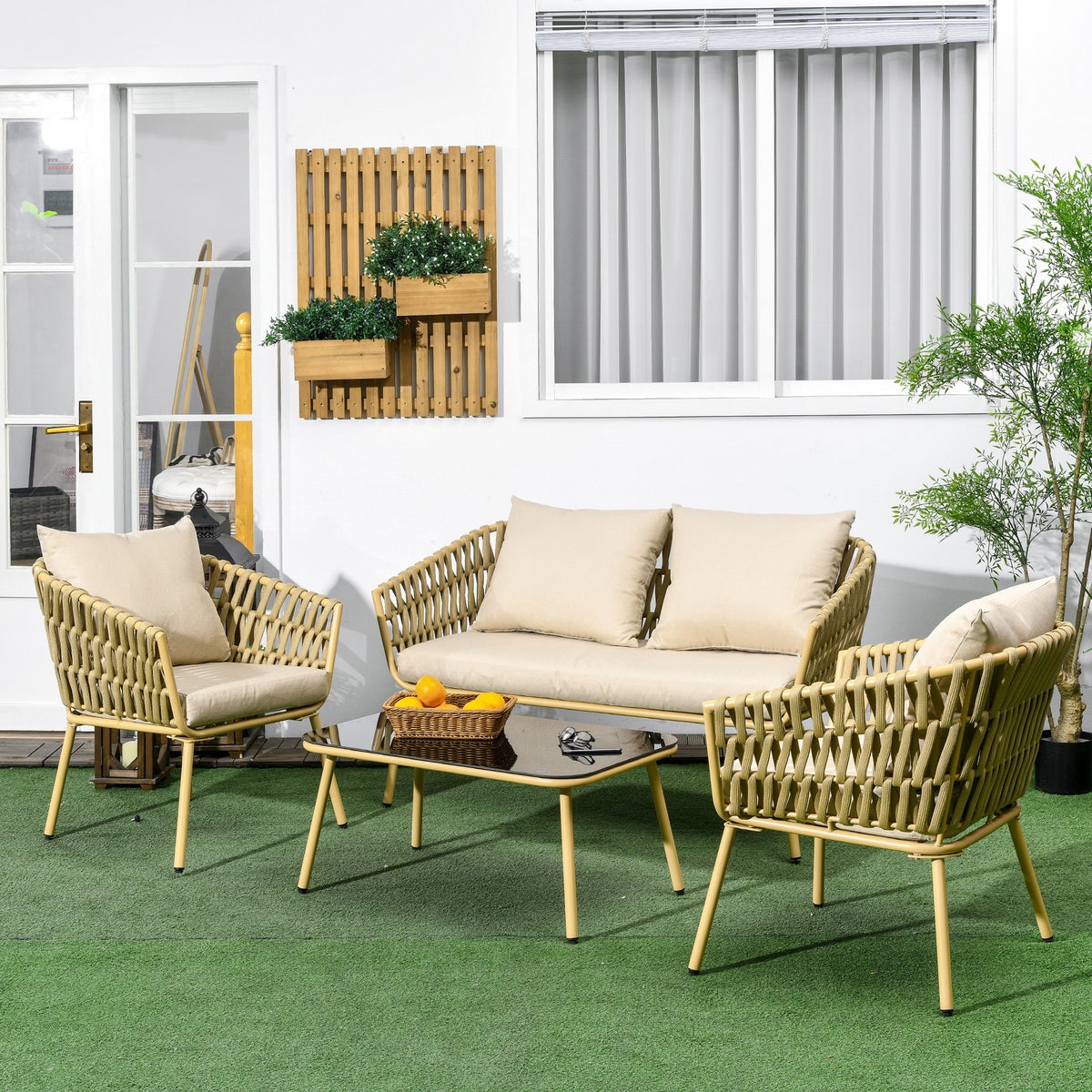Outsunny 4-delige tuinmeubelset, 130L x 66B x 72H cm, polyester, bruin