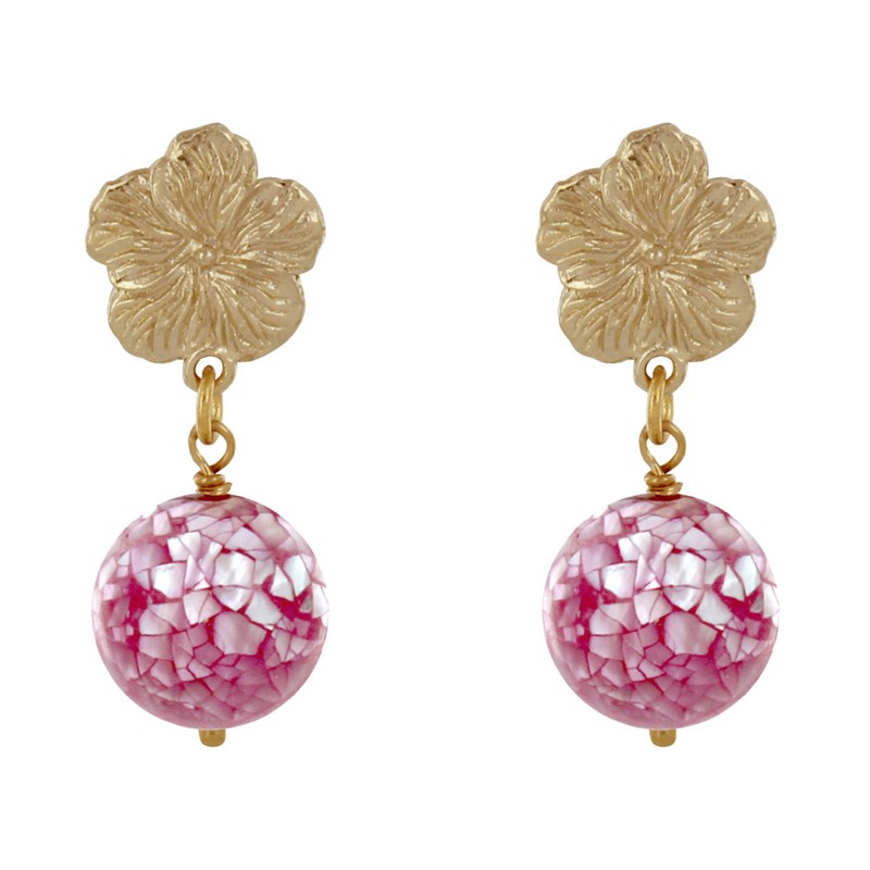 Boucles d'Oreilles Clous Métal Doré Fleur et Perle de Nacre Facettée