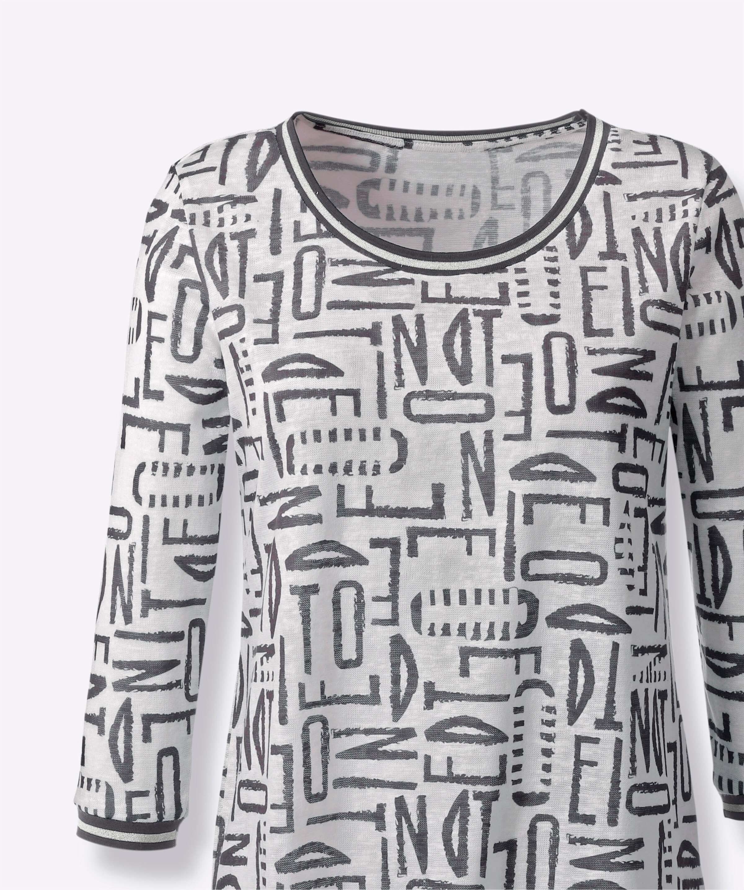 Rundhalsshirt in weiß-anthrazit-bedruckt