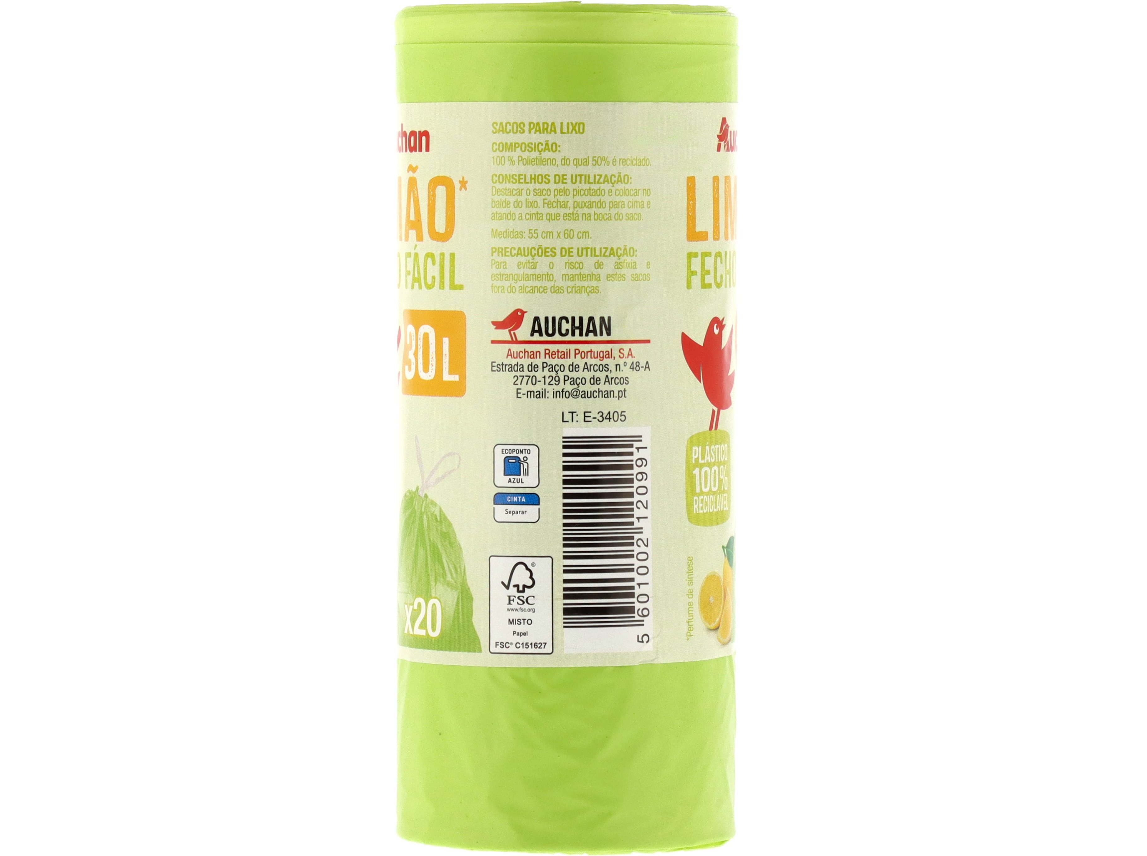 SACO LIXO AUCHAN LIMÃO FECHO FÁCIL 30L 20UN