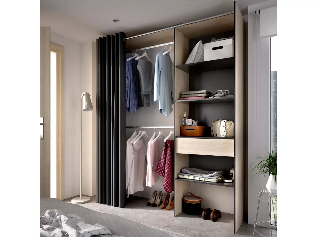 Armoire Dober, Structure pour dressing avec rideau, Cintre ouvert, 160x50h205 cm, Chêne et Anthracite