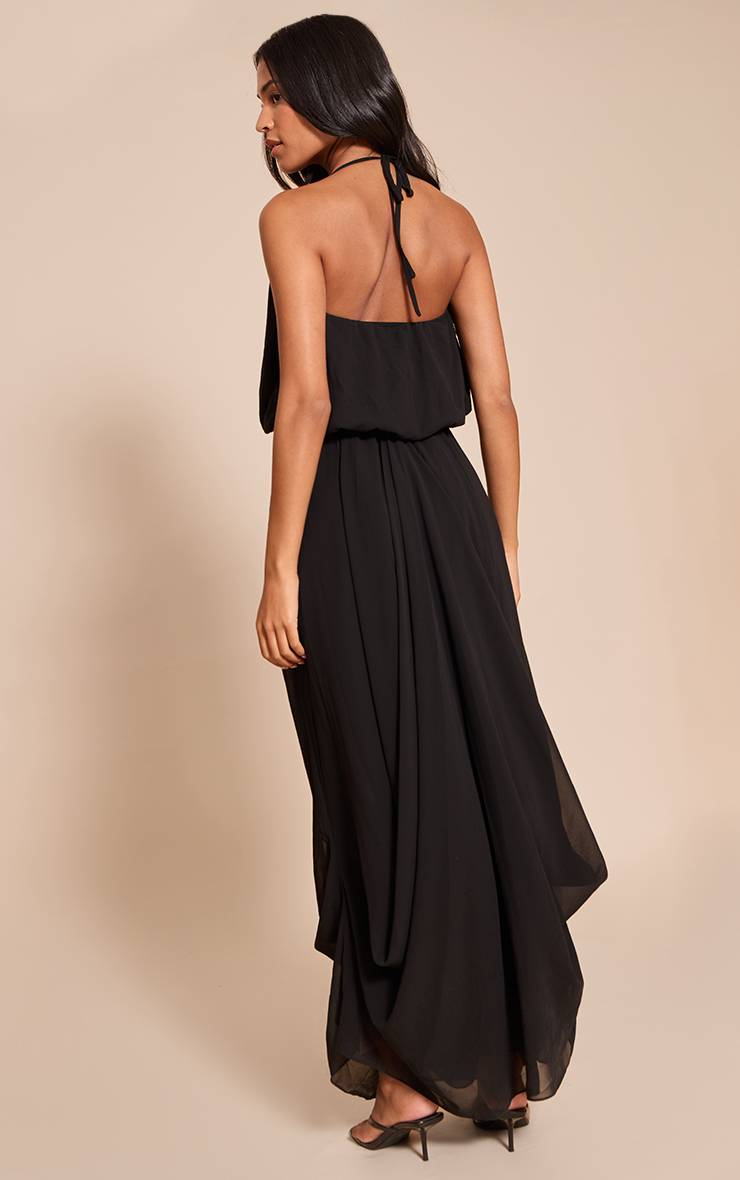 Noir Robe Longue Fluide En Mousseline De Soie Avec Col En V Drapé Pour Grande Taille